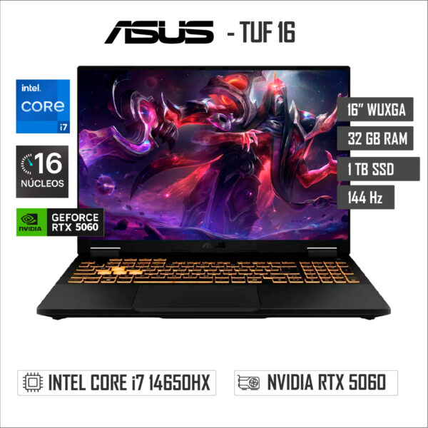 LAPTOP ASUS TUF F16  FX608JMR -16″ WUXGA – INTEL CORE I7 14650HX – 32GB RAM – 1TB SSD – RTX 5060 8GB