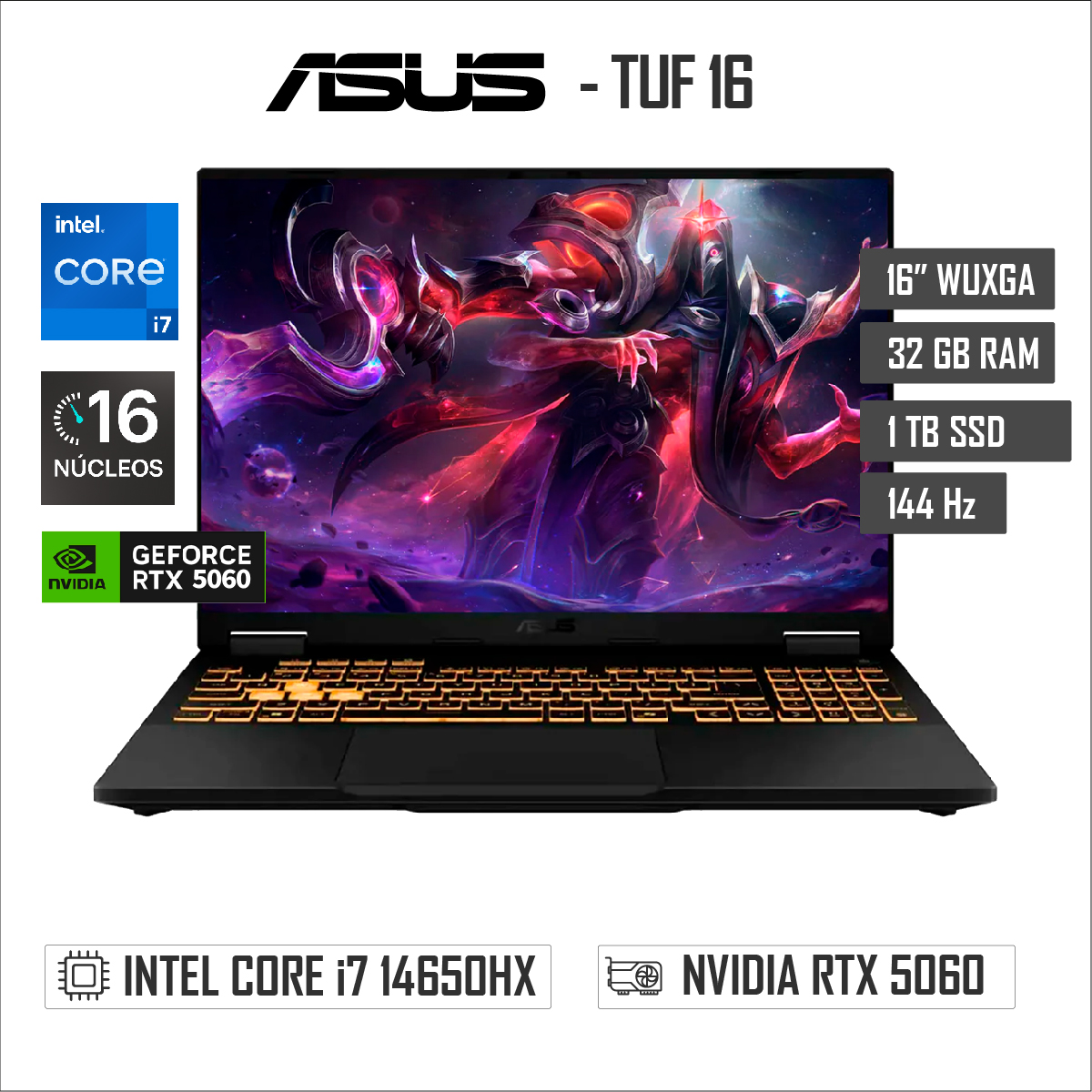 LAPTOP ASUS TUF F16  FX608JMR -16″ WUXGA – INTEL CORE I7 14650HX – 32GB RAM – 1TB SSD – RTX 5060 8GB