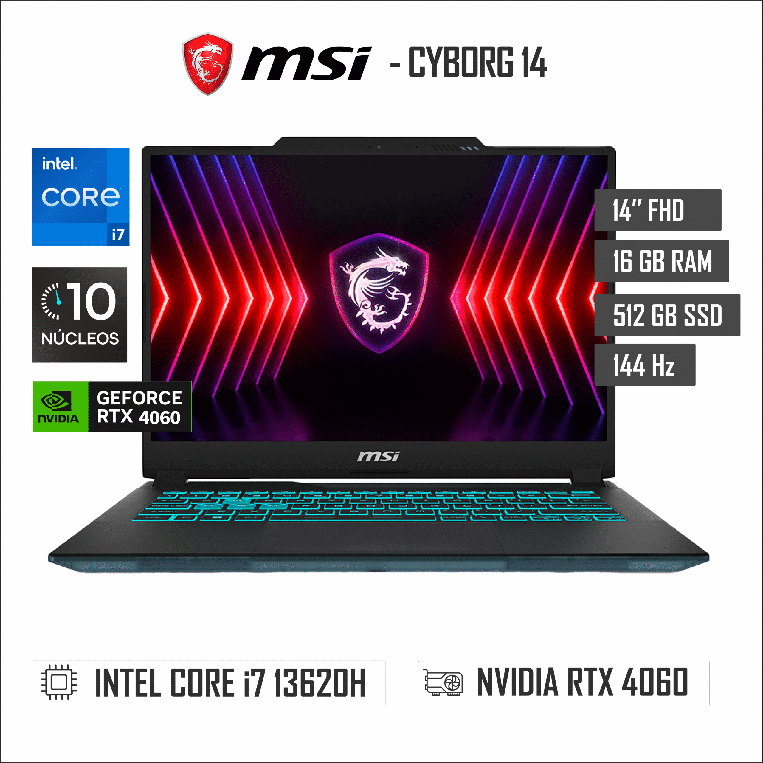 LAPTOP MSI CYBORG 14 A13VF -14″ FULL HD – INTEL CORE I7 13620H – 16GB RAM DDR5 – 512GB SSD – RTX 4060 8GB